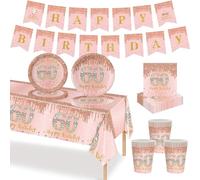 MORAINJAY Set di Stoviglie per Compleanno 60 Anni 70 Pezzi, Piatti di Carta Oro Rosa, Bicchieri, Tovaglioli, Bandiere di Carta, Decorazione da Tavola per Compleanno 60 Anni per Uomo Donna