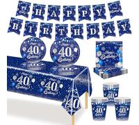 MORAINJAY Stoviglie Per Festa 40 Anni Compleanno, Set da 70 Pezzi Blu Navy, Piatti di Carta, Bicchieri, Tovaglioli, Striscione di Carta, Decorazioni Festa 40 Anni Compleanno