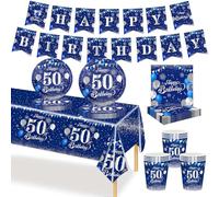 MORAINJAY Stoviglie Per Festa 50 Anni Compleanno, Set da 70 Pezzi Blu Navy, Piatti di Carta, Bicchieri, Tovaglioli, Striscione di Carta, Decorazioni Festa 50 Anni Compleanno