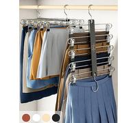 MORALVE Grucce salvaspazio per gonne, con clip, confezione da 2, in legno di faggio europeo, a 5 ripiani, per pantaloncini, gonne e pantaloni, organizer per armadio e soluzione per riporre oggetti,