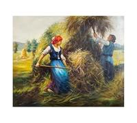 MORANA Quadro Dipinto a Mano - Olio su Tela 60x50 cm - Contadine che Fanno il Fieno nel Campo Estivo - Scena di Vita Rurale - Made in Italy