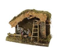 Moranduzzo Capanna Presepe 33x18x23 cm - Artigianato in Legno con Muschio e Corteccia - Natività 6 soggetti 10 cm inclusa - Prodotto Ufficiale, Made in Italy, Scultore M. Landi