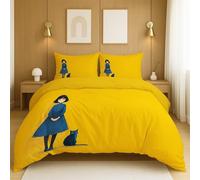 Morbida Biancheria da Letto Giallo Blu Parure Copripiumino Illustrazione Luminoso Ragazza Gattino Completa Singola Doppia per Children's Boys Girls Duvet Cover 135x200cm(53" x 79")
