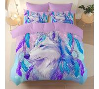 Morbido e Accogliente Set copripiumino 135 x 200 cm, Viola set di biancheria da letto tessuto in microfibra - Completo di fornito con chiusura a cerniera e federa Cartone animato Fantasy Lupo