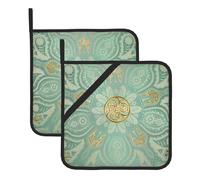 Morbido mandala celtico verde salvia e oro, Set di 2 presine, presina resistente al calore da cucina antiscivolo per cottura al forno, pad caldo 20,5x20,5 cm