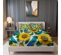 Morbido Microfibra Lenzuolo con Angoli 140 x 200 cm - Fiori Girasoli Piume Stampa Lenzuolo con Angoli con 2 Federe, 30 cm Extra Profondo Giallo Verde Set di Biancheria da Letto