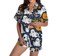 Morbido pigiama da donna pigiama con stampa grafica in raso carino pigiameria bottoni manica corta top pantaloncini set pigiama di Halloween per le donne, Marina Militare, L