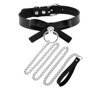 Morbido set collare con fiocco a farfalla in pelle PU con catene di traino moda cosplay regalo per cani domestici (nero)