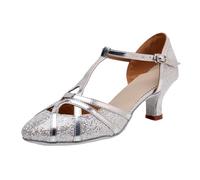 Morbuy Scarpe da Ballo Latino da Donna Tacchi Bassi 5.5/7.5 cm per Ragazze ChaCha Salsa Jazz Morbido Modern Pole Dance Ballroom da Sposa, Cinghia a T Scarpe Latine (Argento 5,5 cm,37)