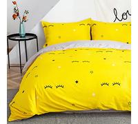 Morbuy Set Copripiumino Una Piazza e Mezza 200 x 200cm e 2 Federe, Sacco Copripiumino Reversibile Ragazza in Microfibra con Motivo di Ciglia e Stelle, Copri Piumone Traspirante, Giallo e Grigio