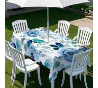 Morbuy Tovaglia per Esterno con Foro per Ombrellone, Stampa Fiore 3D Tovaglia Rettangolare Esterno Impermeabile Antimacchia con Cerniera Copritavolo da Giardino (Fiore blu,305x152cm)