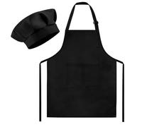 Morcheiong Set di cappello da chef e grembiule, regolabile, nero, grembiule da pittura e cappello da chef con 2 grandi tasche per bambini, per cucinare, dipingere, fare attività di cottura, Nero ,