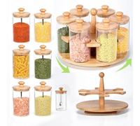 Moreau Set Di 6 Vetro Trasparente Barattolo Di Spezie -Coperchio In Legno Con Cucchiaio Integrato,330Ml Porta Spezie Per Cucina Con Cremagliera Girevole 360°, Per Caffè,Tè,Zucchero,Spezie,Fagioli