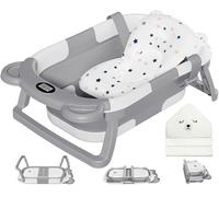 Morefeel Vasca da bagno per bambini con morbido cuscino e termometro, vasca da bagno portatile pieghevole da viaggio con foro di scarico, vasca da bagno pieghevole durevole per neonati e bambini da 0