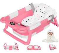 Morefeel Vasca da bagno per bambini con morbido cuscino galleggiante e rete in cotone e termometro °F, vasca da bagno portatile pieghevole da viaggio, vasca da bagno per neonati e bambini da 0 a 24