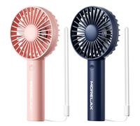 Morelax Ventilatore portatile, 2 pezzi, ventilatore portatile a 3 velocità, piccolo USB ricaricabile con base da tavolo, mini ventilatore a mano per viaggi, ufficio, casa, esterno (Rosa) (Blu)
