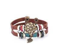 Morella - Bracciale da donna in pelle marrone doppio con anelli, foglia e fiore