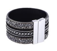 Morella Bracciale Donna Largo Decorato con zirconi e Strass e con Chiusura Magnetica Nero Argento