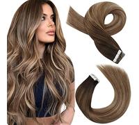 Moresoo Extension Capelli Veri Biadesivo Balayage Invisibile Extension Biadesive Capelli Umani Marrone Scuro a Marrone Chiaro con Biondo Dorato 40 cm Lisci #4/10/16 20pcs 50g