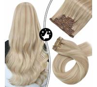 Moresoo Extension con clip per capelli umani, 22 pollici, biondo chiaro con m ches, extension con clip per capelli umani, biondo cenere con doppi