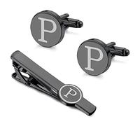 Morfetto iniziale Gemelli e Tie Clip Set per gli uomini personalizzato Nero gemelli e Tie Bar Lettera Alfabeto A-Z Regalo con la scatola per il padre Marito Groommens P