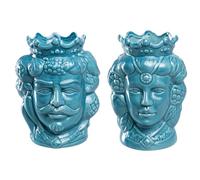 Morgan Coppia Teste di Moro Re e Regina Caltagirone, Stile Ceramiche Siciliane, Vaso in Ceramica Azzurro 12x18 cm