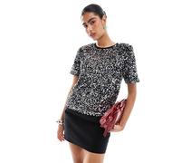 Morgan - T-shirt a maniche corte in velluto nero con paillettes argento-Multicolore XS