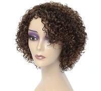 Morichy, Parrucche ricci per donne nere, parrucca di capelli umani corti, colore misto castano cioccolato e ramato, densità 130%, capelli umani brasiliani crespi e ricci, senza attaccatura frontale