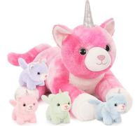 MorisMos Gatto Peluche Grande XXL, 60cm Rosa Mamma Gatto Unicorno con 4 Kawaii Bambino, Realistico Animali di Peluche Gigante Morbido Peluche Regalo per Bambini Compleanno Natale Deco