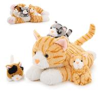 MorisMos Gatto Peluche Realistico, 40cm Mamma Gatto con 3 Kawaii Gattina Gatto di Peluche Grande Giallo Animali di Peluche Regalo per Bambini Fidanzata San Valentino Compleanno Natale Deco