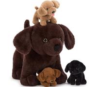 MorisMos Labrador Peluche 40cm, marrone Labrador Mamma con 4 Bambino,Luminescenza Delle Antenne, Realistico Morbido Kawaii Giocattolo di Peluche Regalo per Bambini Compleanno Natale Deco