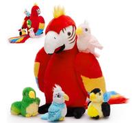 MorisMos Pappagallo Peluche Gigante XXL, 45cm Rosso Mamma con 4 Kawaii Bambino, Realistico Animali di Peluche Grande Morbido Pappagallo Peluche Regalo per Bambini Compleanno Natale Deco