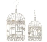 Moritz Gabbia decorativa per uccelli, bianca, rotonda, set da 2 pezzi, decorata con uccelli, gabbia decorativa per fiori, candele, decorazione da appendere