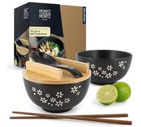 Moritz & Moritz 2 scodelle per ramen in ceramica - 600 ml - Ø 15 cm - Set di ciotole nere per ramen per 2 persone - Scodelle per zuppe, pho e sushi - Bacchette e cucchiai inclusi