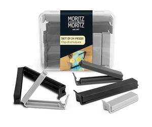 Moritz & Moritz 24 Chiudi Sacchetti Cucina - Clip sacchetti del congelatore per la conservazione degli alimenti - Clip Chiudi Sacchetti in scatola trasparente - 3 Colori