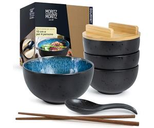 Moritz & Moritz 4 ciotole in ceramica SOLID Ramen - 600 ml - 15 cm Ø - nero blu Ramen Bowl Set per 4 persone - per zuppa, Pho e Sushi Bowl - In astoncini, coperchio e cucchiaio