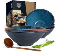 Moritz & Moritz 4 ciotole ramen in ceramica - 24 cm Ø - Set Bowl Ramen blu per 4 persone - Per zuppe, pho e sushi bowl - Bacchette e cucchiai inclusi