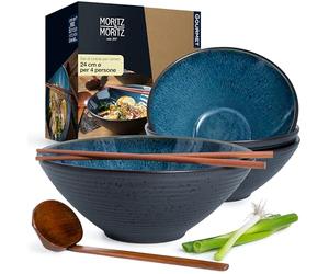 Moritz & Moritz 4 ciotole ramen in ceramica - 24 cm Ø - Set Bowl Ramen blu per 4 persone - Per zuppe, pho e sushi bowl - Bacchette e cucchiai inclusi