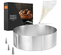 Moritz & Moritz Anello per torte in acciaio inox - Anello per torte regolabile a piacere da Ø 16 cm a 30 cm - Per cuocere e decorare - Con 10 sac à poche e 3 bocchette