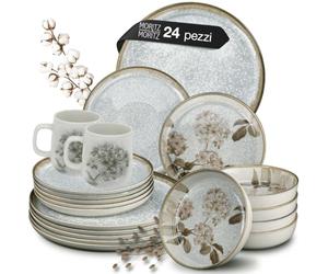 Moritz & Moritz BLOSSOM - Servizio da tavola in porcellana per 6 persone, 24 pezzi, servizio da tavola moderno con design giocoso, facile da pulire, con set di piatti, ciotole e tazze, servizio