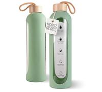 Moritz & Moritz Borraccia in vetro da 1000 ml, a prova di perdite, per sport, scuola, università o lavoro, con custodia protettiva in silicone - inclusa scala motivazionale - con coperchio in bambù