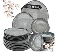 Moritz & Moritz ORGANIC - Set di stoviglie da 18 pezzi, per 6 persone, colore grigio, elegante set di piatti in gres di alta qualità, 6 piatti da cena, 6 piatti da dessert, 6 piatti fondi