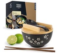 Moritz & Moritz Ramen Ciotola in ceramica - 600 ml - 15 cm Ø - Set ciotola in ramen nero per 1 persona - per zuppa, pho e sushi - con bastoncini, coperchio e cucchiaio