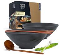 Moritz & Moritz Set di 2 ciotole grandi per ramen, in ceramica, giapponesi, 1300 ml, Ø 24 cm, nero opaco, con bacchette e cucchiai in legno, ciotole asiatiche per zuppa per ramen pho udon