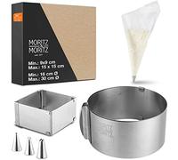 Moritz & Moritz Set stampo torta in acciaio inox - Regolabile a piacere - Coppa pasta quadrato e anello per torte regolabili per cuocere e decorare - Con 10 sac à poche e 3 bocchette