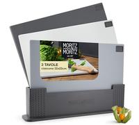 Moritz & Moritz Set Tagliere da Cucina - 3x Taglieri cucina 32 x 22 cm in Porta Taglieri - Grigio e Nero - Set taglieri cucina grande - Tagliere Lavastoviglie e Igienico - Set taglieri plastica