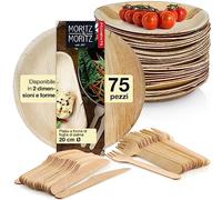 Moritz & Moritz Stoviglie rotonde in foglia di palma 75 pezzi - 25 piatti palma monouso - 25 posate bio monouso in legno - stoviglie biodegradabili in foglia di palma - alternativa ai piatti in bambu