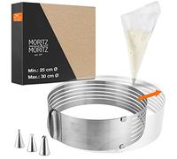 Moritz & Moritz Telaio da forne in acciaio inox con supporto per taglio- Anello per torte regolabile a piacere da Ø 25 cm a 30 cm - Per cuocere e decorare - Con 10 sac à poche e 3 bocchette