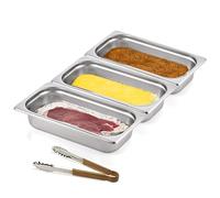 Morleos 3 vaschette per il panaggio + pinze marroni, in acciaio inox GN 1/3, 32,5 x 17,6 x 6,5 cm, volume totale: 7,5 litri, impanare e marinare carne, cotolette | spessore 0,7 mm