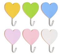 MOROBOR Ganci autoadesivi in legno a forma di cuore, 6 pezzi, resistenti ganci da parete autoadesivi per bagno, cucina, ufficio, colori misti